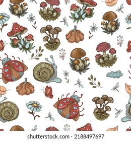 Mushroom stickers insects snail forest hand drawn set of separate elements cute cartoon coloring doodle