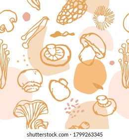 Mushroom style seamless pattern. Spores, shapes, and edible mushrooms with transparent background. Perfect for brand identity. Vector pastel colors.