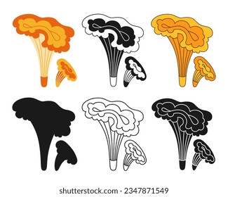 Mushroom stylizes retro chanterelle set. Colored, silhouette shape or symbol doodle tattoo, line ornate edible mushrooms. Psychedelic hippie fungus stickers retro alchemy collection vibrant vector