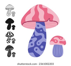 Mushroom stylizes retro hippie porcini set. Colored, silhouette shape or symbol doodle tattoo, line ornate edible mushrooms. Psychedelic fantastic fungus stickers retro alchemy vector collection
