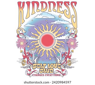 mushroom with sun and flower. Mushroom and Flower tee design. Enjoy every moment t-shirt artwork. Flower artwork for t shirt print, poster, sticker, Let's grow together. Kindness changes everything.