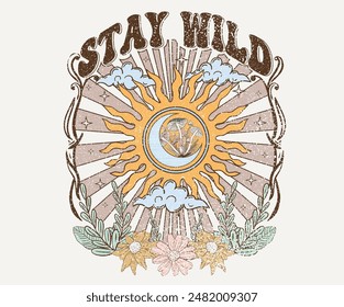 Mushroom with sun moon graphic print artwork. Stay wild. Dream chasing . sun moon.  Flower artwork for t shirt print, poster, sticker, background and other uses.