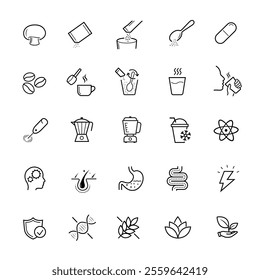 Mushroom supplements icons set. The main advantages from a balanced food or supplement. Icon set is ideal for health projects, wellness and others. Editable stroke icons. EPS10.	