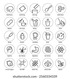 Mushroom supplements icons set. The main advantages from a balanced food or supplement. Icon set is ideal for health projects, wellness and others. Editable stroke icons. EPS10.