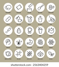 Mushroom supplements icons set. The main advantages from a balanced food or supplement. Icon set is ideal for health projects, wellness and others. Editable stroke icons. EPS10.
