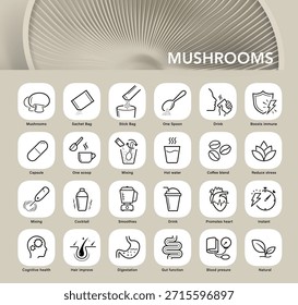 Mushroom supplements icons set. The main advantages from a balanced food or supplement. Icon set is ideal for health projects, wellness and others. Editable stroke icons. EPS10.