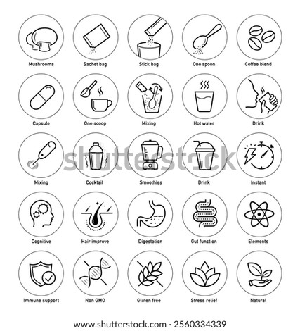 Mushroom supplements icons set. The main advantages from a balanced food or supplement. Icon set is ideal for health projects, wellness and others. Editable stroke icons. EPS10.