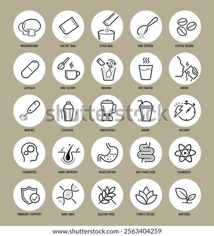 Mushroom supplements icons set. The main advantages from a balanced food or supplement. Icon set is ideal for health projects, wellness and others. Editable stroke icons. EPS10.