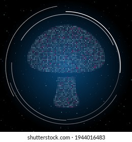 The mushroom symbol filled with white dots. Pointillism style. Some dots is pink. Vector illustration on blue background with stars