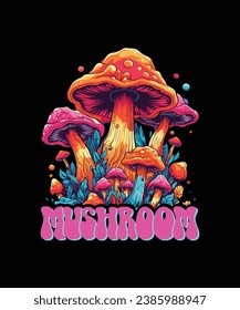 mushroom t shirt design, illustration, bohemian vibe top, vintage groovy toy, funky graphic print