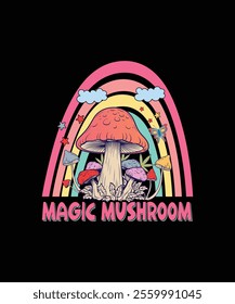 mushroom t shirt design, illustration, bohemian vibe top, vintage groovy toy, funky graphic print