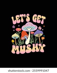 mushroom t shirt design, illustration, bohemian vibe top, vintage groovy toy, funky graphic print