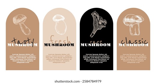 Mushroom Tags set. Design for packaging birch mushroom. Craft branding for natural chanterelle. hand drawn in sketch retro style. Vector illustration.