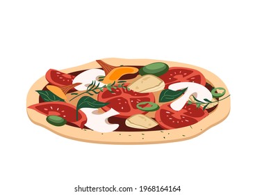 Mushroom Tasty pizza with champignons, chanterelles, mozzarella, Brie cheese, sauce, basil leaves and thick crust. Delicious Italian vegetarian food. Vector illustration isolated on white background