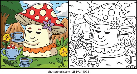 Mushroom with Tea Set Coloring Page Illustration