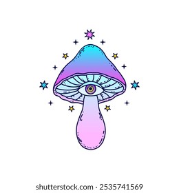 Mushroom with third eye in neon pink and blue tones, surrounded by stars, gradient colors, psychedelic concept.
