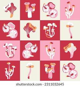 Mushroom tiles pink seamless pattern. Vector hand drawn food fungus illustration background for for greeting card, fabric, wallpaper or wrapping paper