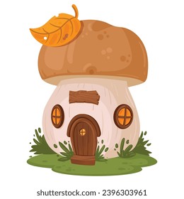 Mushroom tiny house. Cartoon fairy tale mushroom house, little gnome or fairy home flat vector illustration. Fantasy mushroom cottage