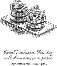 Mushroom tiramisu with deer mousse Sketchy mushroom tiramisu with deer mousse Sketch stock vector.Sketchy hand-drawn illustration.