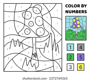 Mushroom toadstool. Color by number. Coloring page. Game for kids. Cartoon, vector. Isolated vector illustration eps 10