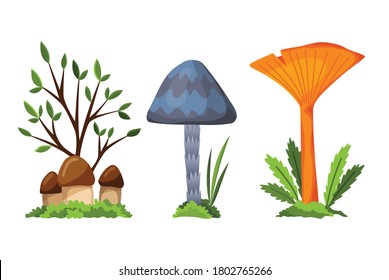 Mushroom and toadstool. Illustration of the different types of mushrooms on a white background. Flat summer forest mushrooms concept on green grass