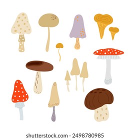 Mushroom, toadstool set seasonal Halloween vector illustration of inedible fairy, magic fantasy mushroom clipart autumn holidays simple minimalist hand drawn cartoon drawing, witchcraft symbol