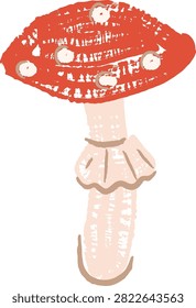 Mushroom toadstool sketched in crayon with rough texture, forest leaf and acorn accent, childlike doodle style. Autumn harvest, woodland whimsy, fairy tale nature. Cartoon vector illustration.