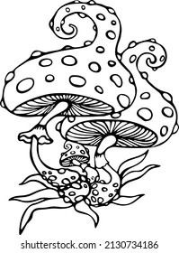 Mushroom toadstools vector drawing, mushroom coloring book for kids, mushroom toadstools drawing for printing, relaxing coloring book for kids and adults