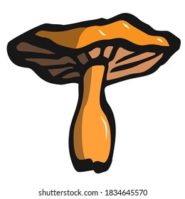 The mushroom is torn out, the plates are visible, volumetric in the vector. Sketch of a colored specimen of one mushroom.