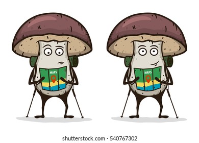 Mushroom traveler with a map and trekking pole. Cartoon character. Vector illustration