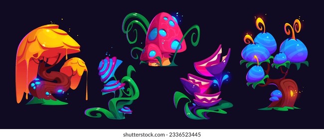 Mushroom and tree from fantasy magic forest game cartoon vector set. Alien planet psychedelic nature isolated icon design. Funny neon wonderland wood garden element for mystery fantastic landscape.