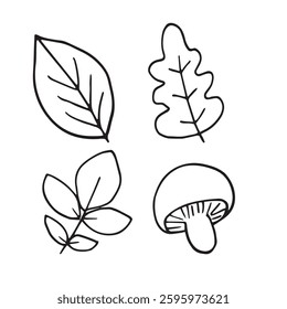 mushroom and tree leaves vector set graphics doodle hand drawn Illustration base for textile tableware design and printing