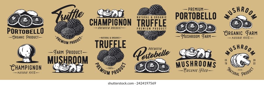 Mushroom truffle and portobello set with for organic, natural vegetarian food. Champignon collection. Fungi, shroom mushroom picking.