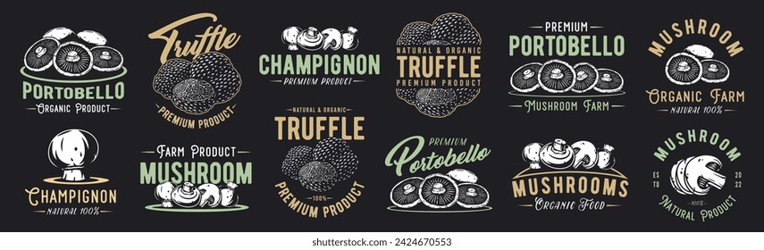 Mushroom truffle and portobello set with for organic, natural vegetarian food. Champignon collection. Fungi, shroom mushroom picking.