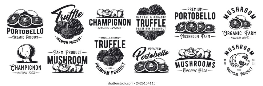 Mushroom truffle and portobello set with for organic, natural vegetarian food. Champignon collection. Fungi, shroom mushroom picking.