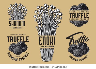 Mushroom truffle set with for organic, natural vegetarian food. Autumn forest collection with fungi, shroom mushroom picking for t-shirt print.