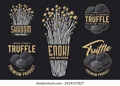 Mushroom truffle set with for organic, natural vegetarian food. Autumn forest collection with fungi, shroom mushroom picking for t-shirt print.