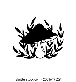 Mushroom with twigs and stars. Black and white vector clip art.