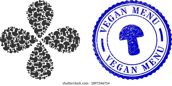 Mushroom twirl abstract flower, and blue round VEGAN MENU unclean stamp seal with icon inside. Object flower with 4 petals designed from oriented mushroom symbols. Vector flower collage in flat style.