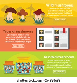 Mushroom types banner horizontal concept set. Flat illustration of 3 mushroom types vector banner horizontal concepts for web