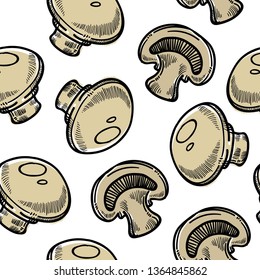 Mushroom useful vegetables veggies seamless pattern drawn vector cut pieces and slices whole food uncooked ingredient used in salads and traditional dishes meal for healthy lifestyle product.