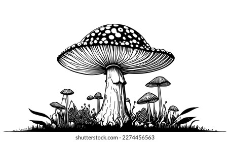 Mushroom vector black line illustration isolated white. Sketch art