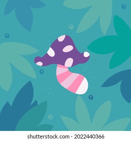 Mushroom vector. Fantasy edible, inedible mushrooms collection, green forest. Doodle drawing. Flat cartoon, сhildish t shirt, poster, greeting card print design, illustration. Leaves background. 