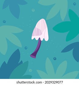 Mushroom vector. Fantasy edible, inedible mushrooms collection, green forest. Doodle drawing. Flat cartoon, сhildish t shirt, poster, greeting card print design, illustration. Leaves background. 