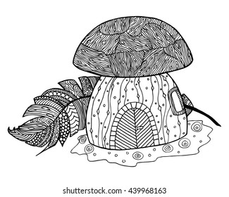 Mushroom vector. Fungus zen tangle and doodle. Fungi zenart. Feather of bird coloring book. Tatoo nature