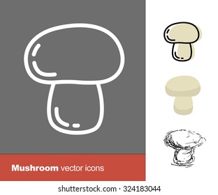 Mushroom vector icons. Thin line, flat, and hand drawn styles