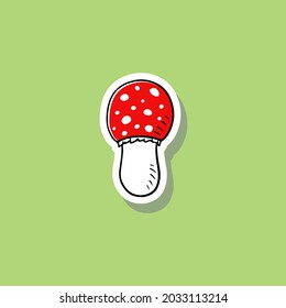 Mushroom vector iillustration isolated on green background. Amanita Muscaria (fly agaric) hand drawn sticker with white stroke. Magic mushroom symbol