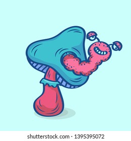 Mushroom vector illustration. Cartoon hand drawn the worm come out from mushroom. Mushroom clipart for sticker and gaming element design.