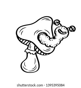Mushroom vector illustration. Cartoon hand drawn the worm come out from mushroom. Mushroom clipart for sticker and gaming element design.