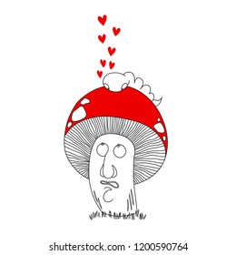 Mushroom. Vector illustration. In love with a worm. Worm on a mushroom with hearts. Funny illustration.